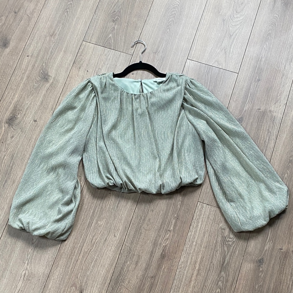 Blu Pepper Sage Green Crop Blouse with Balloon Sleeves